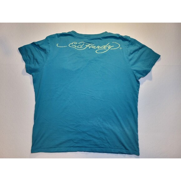 Ed Hardy Cobra Rose Skull Embroidered V-Neck Teal Double-sided Womans Large - Picture 4 of 7